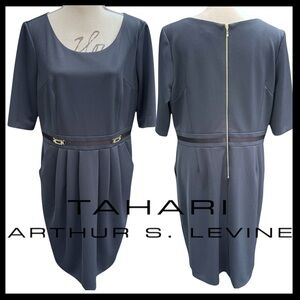 Tahari ASL Blue/Grey Short Sleeve Pocket Pleated Skirt Back Zip Dress (16)